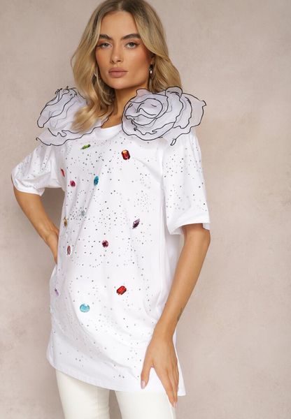 Biała Bawełniana Bluzka Prosta z Kryształkami i Cyrkoniami Leokka. Białe bluzki Renee, bez wzorów, z bawełny, bez kołnierzyka, bez ramiączek. Za 59.99 zł.