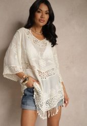 Jasnobeżowa Bluzka Boho z Bawełny o Kroju Oversize Zdobiona Haftem i Koronką Mailenai. Brązowe bluzki Renee, z aplikacjami, z bawełny, boho, bez kołnierzyka, bez ramiączek. Za 84.99 zł.