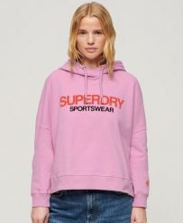 Luźna bluza z kapturem z logo odzieży sportowej. Niebieskia bluzy Superdry, bez wzorów, z bawełny, z kapturem. Za 313.95 zł.