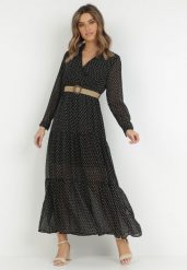 Czarna Sukienka Z Paskiem Deinene. Czarne sukienki Born2be, l, bez wzorów, bez kołnierzyka, bez ramiączek, maxi, kopertowe. Za 149.99 zł.