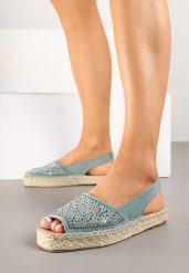 Niebieskie Sandały Typu Espadryle na Plecionej Podeszwie Zdobione Cyrkoniami Aneolena. Niebieskie sandały Born2be, z aplikacjami, eleganckie, bez obcasa, na płaskiej podeszwie, bez zapięcia. Za 89.99 zł.