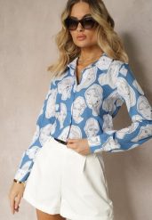 Niebieska Koszula z Artystycznym Printem w Twarze Frumelia. Niebieskie koszule Renee, m, bez wzorów, z jeansu, biznesowe, bez kołnierzyka, bez ramiączek. Za 59.99 zł.