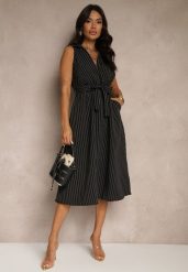 Czarna Koszulowa Sukienka Bez Rękawów z Wiązanym Paskiem Lideene. Czarne sukienki Renee, na co dzień, bez wzorów, eleganckie, bez kołnierzyka, bez ramiączek, midi, kopertowe. Za 89.99 zł.