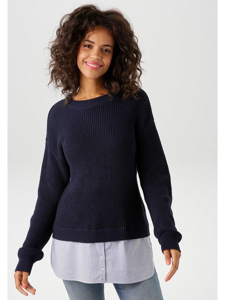 Aniston Sweter w kolorze granatowym rozmiar: 38. Niebieskie swetry Aniston, bez wzorów, ze splotem, bez ramiączek. Za 69.75 zł.