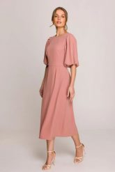 Elegancka sukienka koktajlowa z bufiastymi rękawami różana. Czerwone sukienki Stylove, xl, bez wzorów, eleganckie, bez kołnierzyka, bez ramiączek, rozkloszowane. Za 509.00 zł.