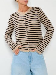 Rozpinany sweter w paski - beżowy. Brązowe kardigany Sinsay, l, bez wzorów. Za 49.99 zł.