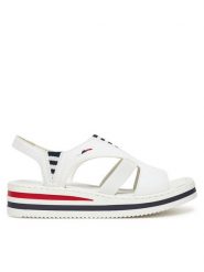 Rieker Sandały V02Y5-80 Biały. Białe sandały Rieker, bez wzorów, z materiału, bez obcasa, na koturnie, bez zapięcia. Za 259.99 zł.