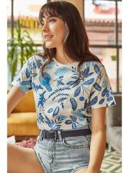 Olalook Koszulka w kolorze kremowo-niebieskim rozmiar: L. Brązowe bluzki Olalook, l, bez wzorów, z bawełny, bez kołnierzyka, bez ramiączek. Za 43.57 zł.