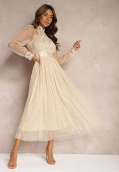 Jasnobeżowa Siateczkowa Sukienka Maxi o Rozkloszowanym Kroju z Ozdobną Koronką Narile. Brązowe sukienki Renee, m, bez wzorów, z koronki, eleganckie, bez kołnierzyka, bez ramiączek, maxi, rozkloszowane. Za 174.99 zł.