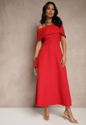 Czerwona Rozkloszowana Sukienka na Ramiączkach z Wywiniętym Dekoltem Jenavitia. Czerwone sukienki Renee, na imprezę, m, bez wzorów, eleganckie, bez kołnierzyka, bez ramiączek, midi, rozkloszowane. Za 99.99 zł.