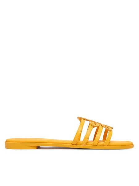 Tommy Hilfiger Klapki Th Script Flat Mule Lth FW0FW09368 Żółty. Żółte klapki TOMMY HILFIGER, bez wzorów, ze skóry, bez obcasa. Za 409.99 zł.