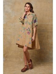 Joséfine Lniana sukienka "Pardess" w kolorze karmelowo-zielonym rozmiar: XXL. Brązowe sukienki Joséfine, xxl, bez wzorów, ze lnu, bez kołnierzyka, bez ramiączek, mini. Za 143.99 zł.