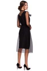Czarna Elegancka Sukienka z Tiulem. Czarne sukienki MAKEOVER, l, bez wzorów, z elastanu, eleganckie, bez kołnierzyka, bez ramiączek. Za 238.90 zł.