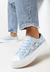 Niebieskie Ażurowe Trampki Przed Kostkę Russi. Niebieskie trampki Born2be, w ażurowe wzory, z jeansu, przed kostkę, bez zapięcia. Za 79.99 zł.