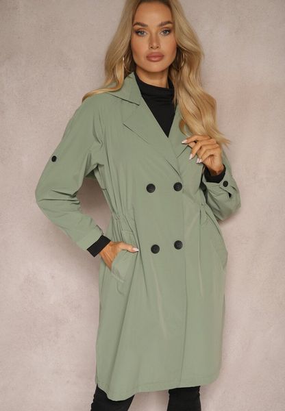 Jasnozielony Płaszcz Dwurzędowy z Dodatkiem Bawełny Wykończony Paskiem i Rękawami z Regulacją Mevessa. Zielone płaszcze Renee, l, z aplikacjami, z bawełny, bez kaptura. Za 129.99 zł.