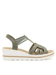 Rieker Sandały 67459-52 Zielony. Zielone sandały Rieker, bez wzorów, z syntetyku, bez obcasa, na koturnie, bez zapięcia. Za 259.99 zł.