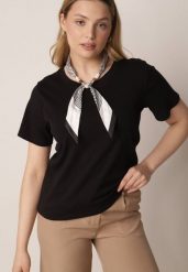 Czarny T-shirt z Bawełny w Klasycznym Stylu z Apaszką Bluestel. Czarne t-shirty Born2be, l, bez wzorów, z bawełny, bez kołnierzyka, bez ramiączek. Za 69.99 zł.