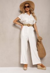 Biały Kombinezon w Stylu Utility z Koszulową Górą i Plecionym Paskiem Dexara. Białe sukienki Renee, na co dzień, l, bez wzorów, eleganckie, bez kołnierzyka, bez ramiączek, mini, koszulowe. Za 134.99 zł.
