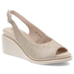 Złote Sandały S.Barski Eleganckie Obuwie Damskie Na Koturnie. Żółte sandały S.BARSKI, bez wzorów, eleganckie, z otwartym noskiem, bez obcasa, na koturnie, bez zapięcia. Za 199.00 zł.
