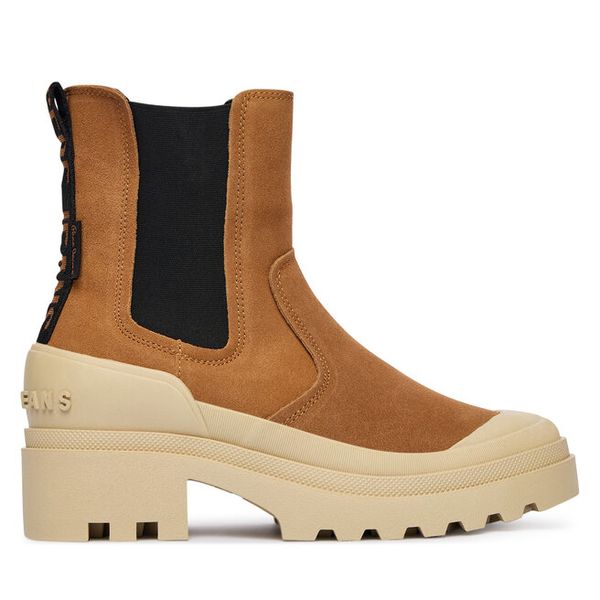 Sztyblety Pepe Jeans. Brązowe botki Pepe Jeans, bez wzorów, z jeansu, bez obcasa, na płaskiej podeszwie, bez zapięcia. Za 399.99 zł.