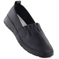 Skórzane półbuty damskie wsuwane czarne N.A.W. JHY061. Czarne półbuty wsuwane marka niezdefiniowana, bez wzorów, ze skóry, bez obcasa, bez zapięcia. Za 119.99 zł.