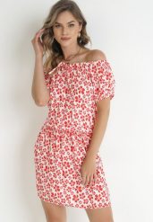 Czerwona Rozkloszowana Sukienka Mini z Hiszpańskim Dekoltem i Gumką w Talii z Wiskozy Jassinta. Czerwone sukienki Born2be, na co dzień, l, bez wzorów, z wiskozy, bez kołnierzyka, bez ramiączek, mini, rozkloszowane. Za 39.99 zł.