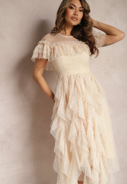 Beżowa Rozkloszowana Sukienka z Transparentnymi Wstawkami z Koronki Saela. Brązowe sukienki Renee, na spotkanie biznesowe, m, bez wzorów, z koronki, bez kołnierzyka, bez ramiączek, midi, rozkloszowane. Za 189.99 zł.