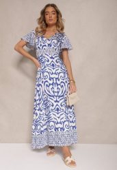 Niebieska Rozkloszowana Sukienka Zdobiona Ornamentalnym Printem Tillinelle. Niebieskie sukienki Renee, na co dzień, na lato, m, z aplikacjami, eleganckie, bez kołnierzyka, bez ramiączek, maxi, kopertowe. Za 64.99 zł.