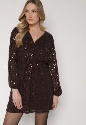 Brązowa Cekinowa Sukienka o Rozkloszowanym Kroju z Długimi Rękawami Reira. Brązowe sukienki Born2be, na imprezę, l, bez wzorów, z poliesteru, eleganckie, bez kołnierzyka, bez ramiączek, mini, rozkloszowane. Za 169.99 zł.
