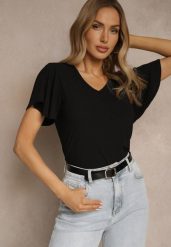 Czarna Bluzka Ozdobiona Rozkloszowanymi Rękawami Sunetha. Czarne bluzki Renee, m, bez wzorów, z jeansu, eleganckie, bez kołnierzyka, bez ramiączek. Za 34.99 zł.