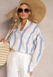 Beżowo-Niebieska Casualowa Koszula z Bawełny w Paski Sileata. Brązowe koszule Renee, l, bez wzorów, z bawełny, retro, bez kołnierzyka, bez ramiączek. Za 79.99 zł.
