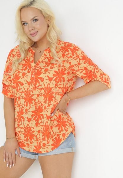 Pomarańczowa Bluzka z Trójkątnym Dekoltem w Kwiaty Louseline. Brązowe bluzki Born2be, l, z aplikacjami, bez kołnierzyka, bez ramiączek. Za 69.99 zł.