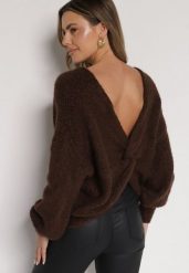 Brązowy Sweter Oversize z Domieszką Wełny z Oryginalnym Dekoltem Lawedia. Brązowe swetry Born2be, s, bez wzorów, z jeansu, bez ramiączek. Za 119.99 zł.