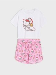 Bawełniana piżama dwuczęściowa z nadrukiem Hello Kitty - biały. Białe piżamy Sinsay, bez wzorów, z bawełny, bez ramiączek. Za 49.99 zł.