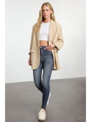 Trendyol Dżinsy - Skinny fit - w kolorze granatowym rozmiar: 38. Niebieskie jeansy Trendyol, bez wzorów, z podwyższonym stanem. Za 123.53 zł.