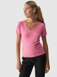 4F T-shirt slim gładki damski - różowy L. Czerwone t-shirty 4f, l, bez wzorów, z bawełny, bez kołnierzyka, bez ramiączek. W wyprzedaży za 29.99 zł.