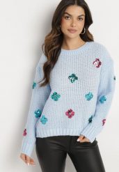 Jasnoniebieski Sweter z Tłoczonej Dzianiny z Wiskozą Zdobiony Cekinowymi Kwiatami Edamara. Niebieskie swetry Born2be, l, z aplikacjami, z dzianiny, bez ramiączek. Za 89.99 zł.