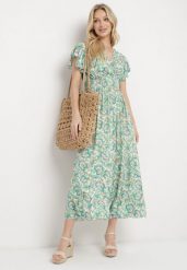 Jasnozielona Sukienka z Bawełny w Ornamentalny Wzór z Gumką w Pasie i Falbankami Fioralas. Zielone sukienki Born2be, na lato, l, bez wzorów, z bawełny, bez kołnierzyka, bez ramiączek. Za 39.99 zł.