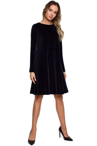 Trapezowa Sukienka z Weluru - Granatowa. Czarne sukienki MOE, l, bez wzorów, z bawełny, wizytowe, bez kołnierzyka, bez ramiączek, trapezowe. Za 313.90 zł.