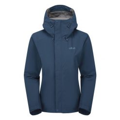 Kurtka przeciwdeszczowa damska Rab Women's Downpour Jacket z kapturem. Niebieskie kurtki sportowe RAB, s, bez wzorów, z kapturem, trekkingowe. Za 471.99 zł.