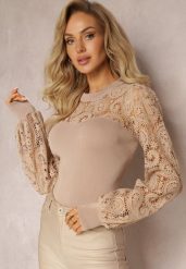 Beżowa Bluzka z Koronkowymi Rękawami i Dekoltem Crasve. Brązowe bluzki Renee, s, bez wzorów, z koronki, eleganckie, bez kołnierzyka, bez ramiączek. W wyprzedaży za 104.99 zł.
