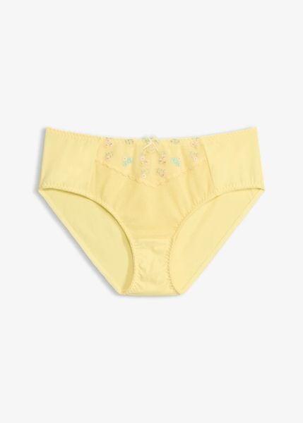 Figi maxi z delikatnym haftem. Żółte figi bonprix, bez wzorów. Za 44.99 zł.