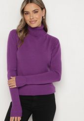 Ciemnofioletowy Sweter z Golfem z Domieszką Kaszmiru i Wiskozy Zaisma. Fioletowe golfy Born2be, bez wzorów, z jeansu, bez ramiączek. Za 99.99 zł.