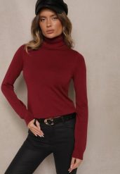 Bordowy Casualowy Golf z Wiskozą i Modalem Lannetora. Czerwone golfy Renee, z aplikacjami, z jeansu, bez ramiączek. W wyprzedaży za 39.99 zł.