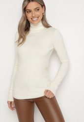 Jasnobeżowy Golf Sweter z Wiskozą i Kaszmirem Zailaya. Brązowe golfy Born2be, bez wzorów, z jeansu, bez ramiączek. Za 79.99 zł.