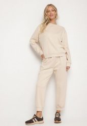 Beżowy Komplet Dresowy z Bawełną Bluza i Spodnie Joggery Ette. Brązowe bluzy Born2be, l, bez wzorów, z bawełny, bez kaptura. Za 119.99 zł.