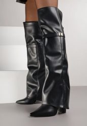 Czarne Eleganckie Kozaki za Kolano z Cholewką Imitującą Nogawkę Zenesseria. Czarne kozaki Renee, z satyny, za kolano, bez obcasa, na obcasie, bez zapięcia. Za 189.99 zł.
