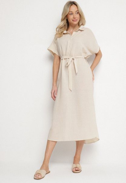 Beżowa Sukienka z Wiskozy o Koszulowym Kroju z Wiązanym Paskiem Danisna. Brązowe sukienki Born2be, do pracy, l, z aplikacjami, z jeansu, biznesowe, bez kołnierzyka, bez ramiączek, midi, koszulowe. Za 79.99 zł.