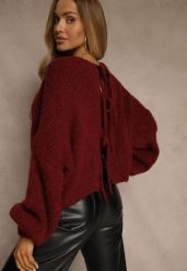 Bordowy Kardigan z Wełną o Kroju Oversize z Wiązanymi Kokardami Elearina. Czerwone kardigany Renee, bez wzorów, z jeansu. Za 149.99 zł.