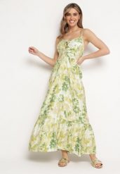 Zielona Sukienka z Wiskozy i Bawełny Rozkloszowana w Kwiatowy Print z Ozdobnym Wiązaniem Wiama. Zielone sukienki Born2be, na co dzień, l, bez wzorów, z bawełny, eleganckie, bez kołnierzyka, bez ramiączek, maxi, rozkloszowane. Za 109.99 zł.